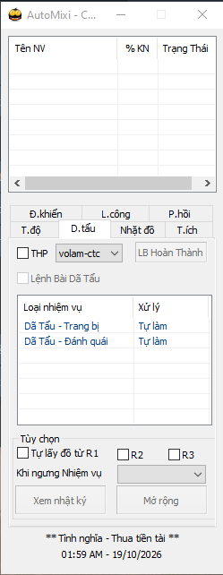 Giao diện AutoMixi - CTC với các tab Đ.khiển, L.công, P.hồi, T.độ, D.tẩu, Nhặt đồ, T.ích